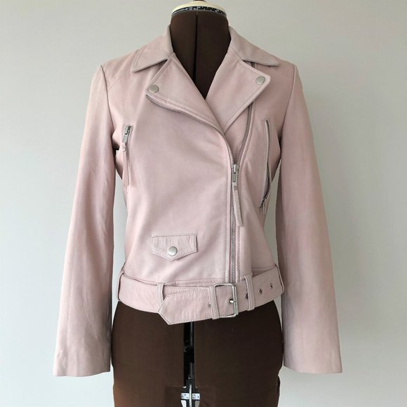 Pink Leather Moto Jacket with Embroidery - Picture 1 of 6